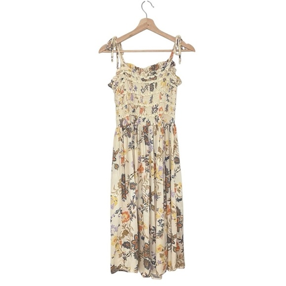Free People Isla Floral Tie Strap Smocked Bodice Midi Dress Sweet Cream Small - Picture 7 of 16